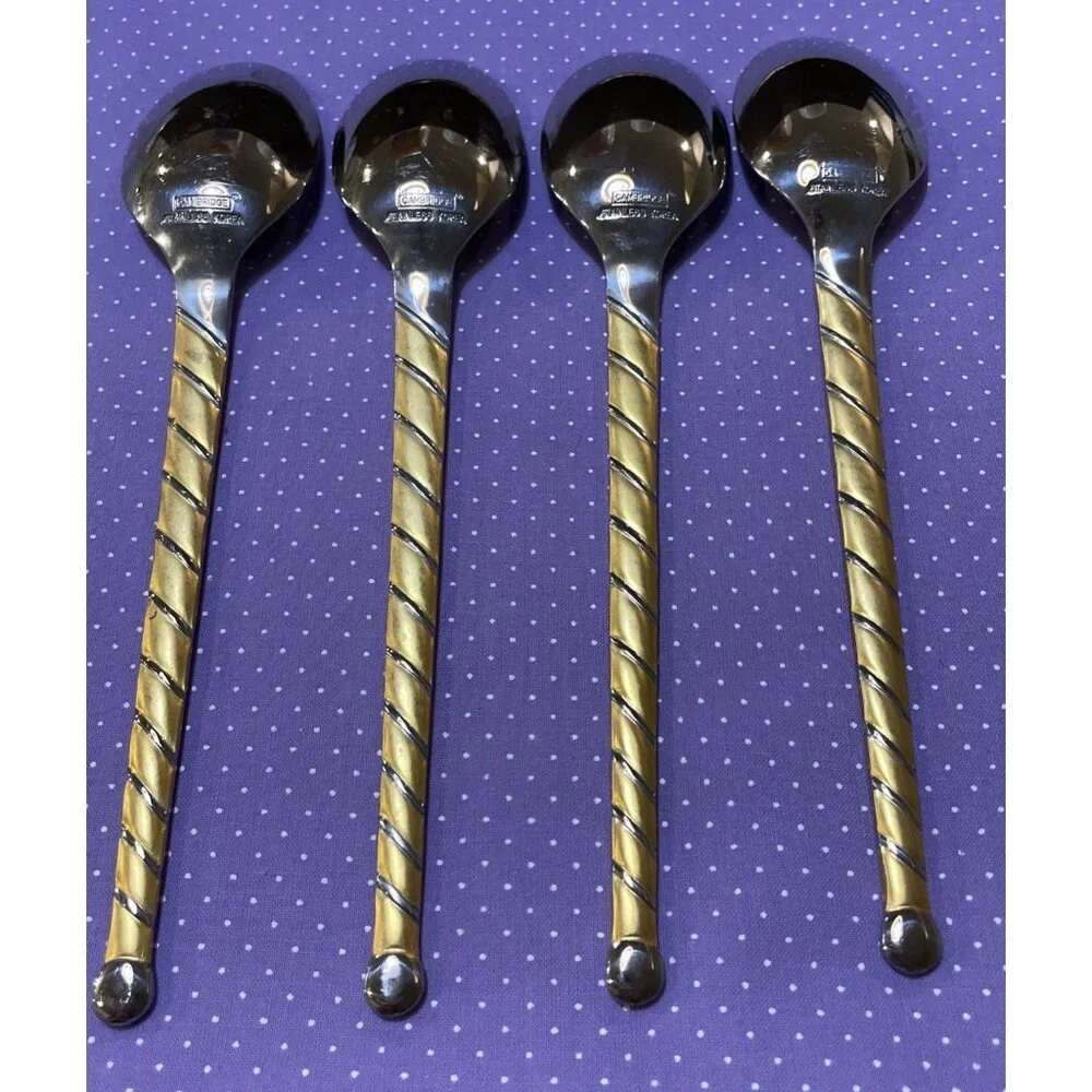 Cambridge Uptown Frosted Twist Ball Tip Stainless Gold Silver Oval Soup Spoons 4